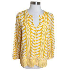 Ann Taylor Factory Top Womens Size Medium Yellow White Leaf Print V Neck Cotton